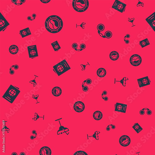 Set Cocktail, Ship porthole with seascape, Passport and Binoculars on seamless pattern. Vector