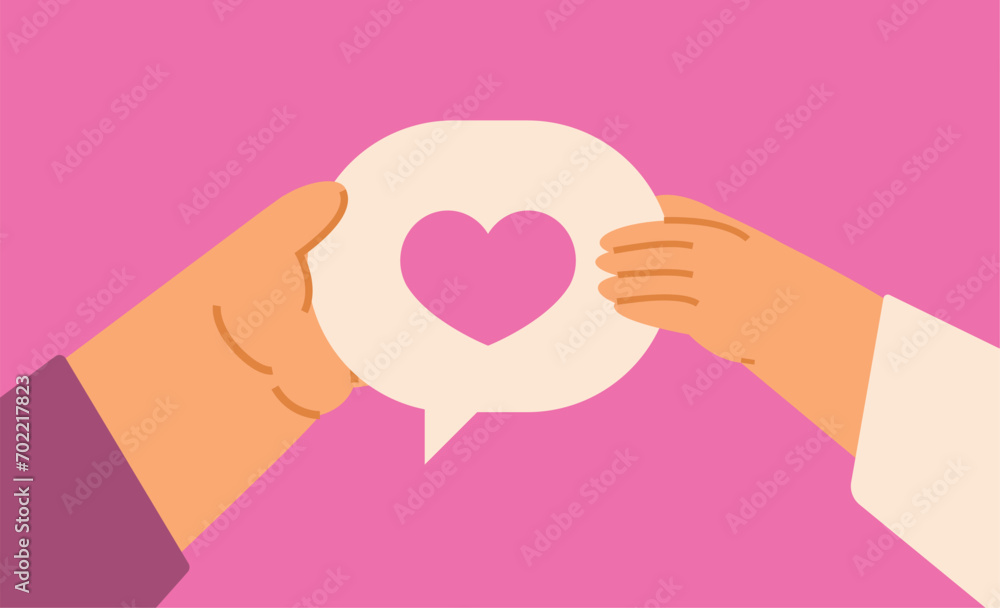 Male and female hands holding chat with heart on pink background. Flat cartoon vector illustration Male and female hands holding chat with heart on pink background. Flat cartoon vector illustration