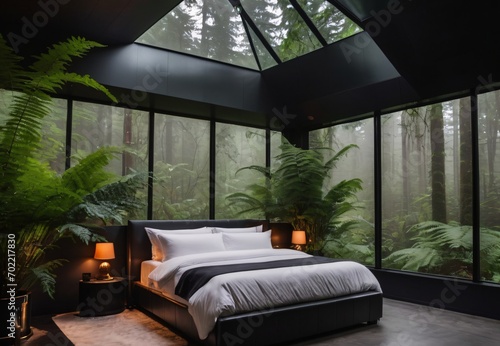 A dark bedroom setting. luxury king bed with a luxury pillows. The high windows offer a scenic view of a lush forest in the fog.