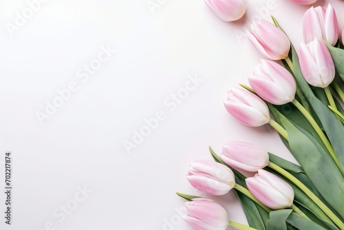 beautiful tulips white and pink on white background, flat lay and copy space - generative ai