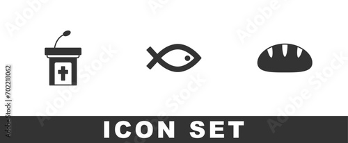 Set Church sermon tribune, Christian fish symbol and bread icon. Vector