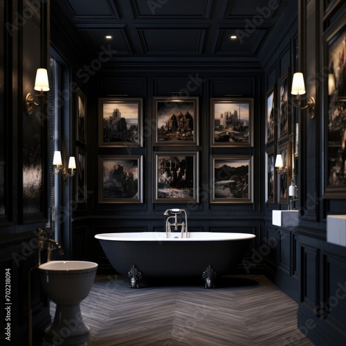 dark black interior of modern bathroom in flat. Generative Ai.