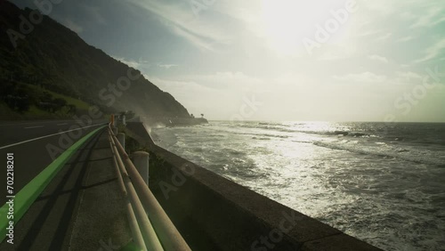 Waves breaking along coastal highway Nichinan Miyazaki Japan