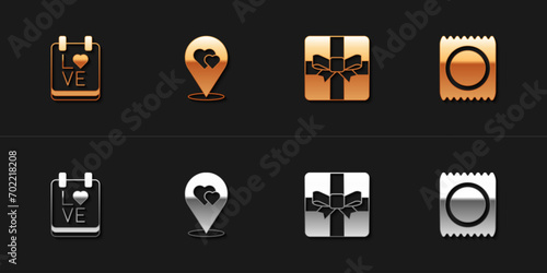 Set Calendar with February 14, Location heart, Gift box and Condom in package icon. Vector