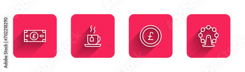Set line Pound sterling money, Cup of tea with tea bag, Coin pound and London eye with long shadow. Red square button. Vector