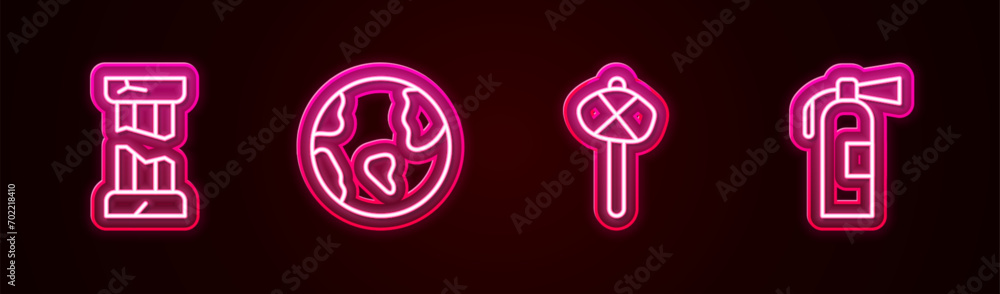 Set line Broken ancient column, Earth globe, Stone age hammer and Fire extinguisher. Glowing neon icon. Vector Set line Broken ancient column, Earth globe, Stone age hammer and Fire extinguisher. Glowing neon icon. Vector