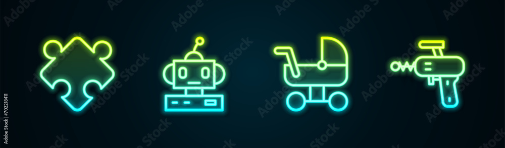 Set line Puzzle pieces toy, Robot, Baby stroller and Ray gun. Glowing neon icon. Vector