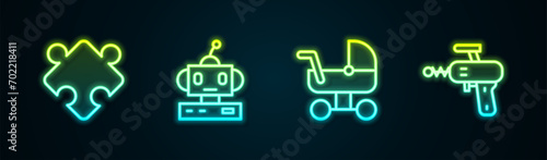 Set line Puzzle pieces toy, Robot, Baby stroller and Ray gun. Glowing neon icon. Vector photo