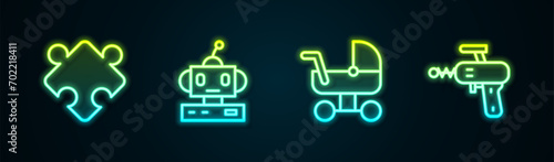 Set line Puzzle pieces toy, Robot, Baby stroller and Ray gun. Glowing neon icon. Vector
