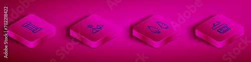 Set Isometric line Ancient column, Egypt pyramids, Stone age arrow head and Museum audio guide icon. Vector
