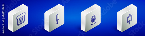 Set Isometric line Decree, parchment, scroll, Medieval sword, iron helmet and flag icon. Vector