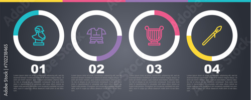 Set line Ancient bust sculpture, Body armor, lyre and Medieval spear. Business infographic template. Vector