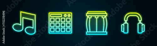 Set line Music note, tone, Drum machine,  and Headphones. Glowing neon icon. Vector