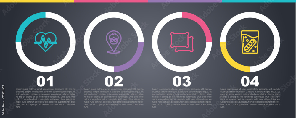 Set line Heart rate, Nursing home, Pillow and False jaw glass. Business infographic template. Vector Set line Heart rate, Nursing home, Pillow and False jaw glass. Business infographic template. Vector