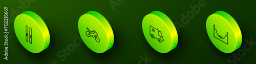 Set Isometric line Ski and sticks, Motorcycle, Ambulance emergency car and Skate park icon. Vector