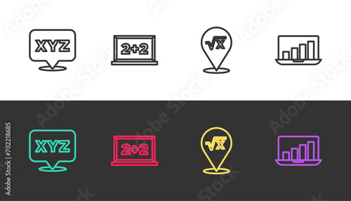 Set line XYZ Coordinate system, Chalkboard, Square root of x glyph and Laptop with graph chart on black and white. Vector