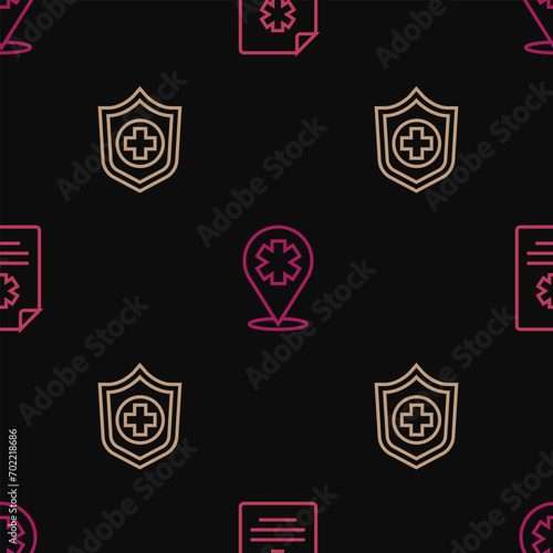 Set line Clinical record  Life insurance hand and Location with cross hospital on seamless pattern. Vector