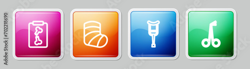 Set line X-ray shots, Gypsum, Crutch or crutches and Medical scissors. Colorful square button. Vector