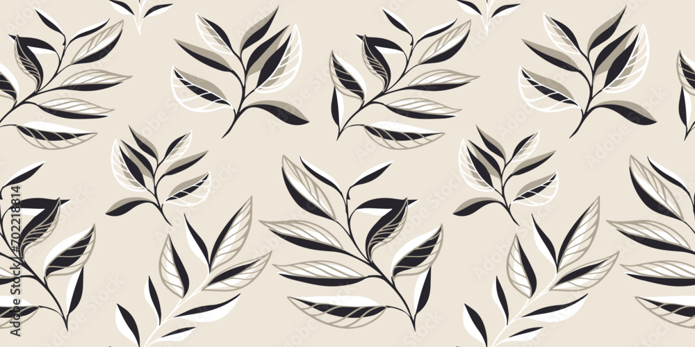 Light tropical botanical seamless pattern. Creative abstract shape leaves branches background. Simple floral leaf printing. Vector hand drawn sketch. Design for fashion, fabric and textiles - obrazy, fototapety, plakaty 