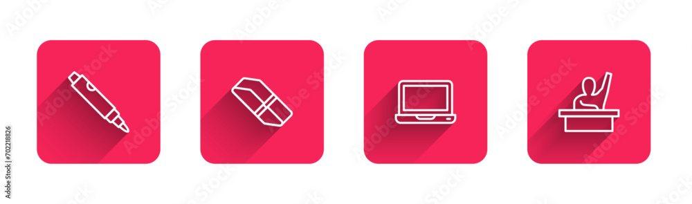 Set line Marker pen, Eraser or rubber, Laptop and Male kid raising hand with long shadow. Red square button. Vector Set line Marker pen, Eraser or rubber, Laptop and Male kid raising hand with long shadow. Red square button. Vector