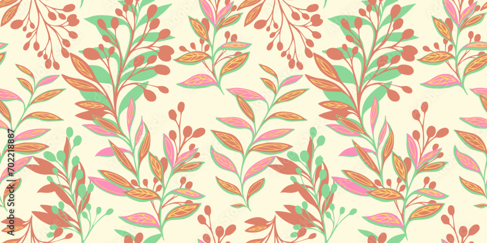 Colorful seamless pattern with abstract, creative, leaves, branches, stem. Vector hand drawn. Stylized tropical botanical print. Design for fashion, fabric