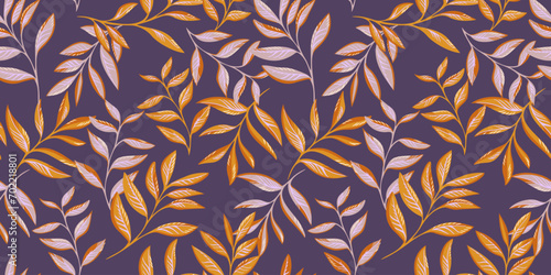 Elegance gold leaves branches seamless pattern. Vector hand drawn sketch. Artistic stylized stems leaf print. Abstract botanical floral on a violet background. Design for fashion, fabric, wallpaper.