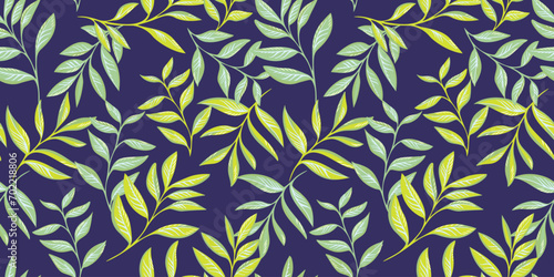 Creative artistic vibrant branches leaves intertwined in a seamless pattern. Vector hand drawn. Botanical tropical floral print on a dark blue background. Design for fashion, fabric, wallpaper.