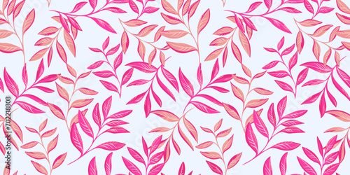 Artistic stylized stems leaves intertwined in a seamless pattern. Vector hand drawn. Creative tropical floral print. Abstract botanical background with pink leaf branches. Design for fashion, fabric
