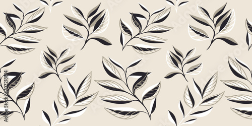Light tropical botanical seamless pattern. Creative abstract shape leaves branches background. Simple floral leaf printing. Vector hand drawn sketch. Design for fashion, fabric and textiles photo