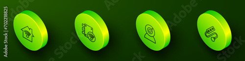 Set Isometric line Smart home with wi-fi, Digital door lock, Web camera and Electric extension cord icon. Vector