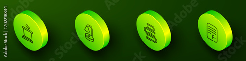 Set Isometric line Stage stand, Table lamp, Book and Exam paper with incorrect answers icon. Vector