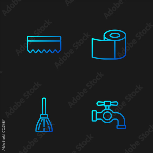 Set line Water tap, Handle broom, Sponge and Toilet paper roll. Gradient color icons. Vector