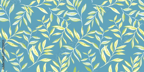 Colorful trendy green stems leaves intertwined in a seamless pattern. Vector hand drawn. Abstract tropical floral print. Art graphic botanical background with leaf branches. Design for fashion  fabric