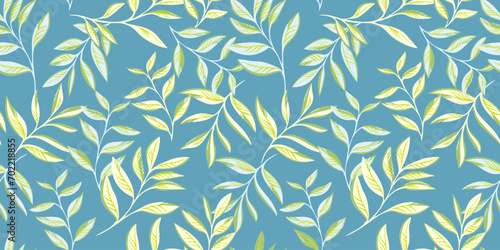 Colorful trendy green stems leaves intertwined in a seamless pattern. Vector hand drawn. Abstract tropical floral print. Art graphic botanical background with leaf branches. Design for fashion, fabric