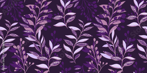 Trendy dark purple seamless pattern with abstract leaves, shape branches, leaf, stem. Creative stylized violet tropical floral background. Vector hand drawn. Design for fashion, fabric, printing.