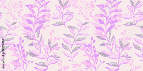 Pastel purple creative shape leaves, branches, stem leaf seamless pattern. Vector hand drawn. Abstract stylized tropical floral background. Design for fashion, fabric, printing