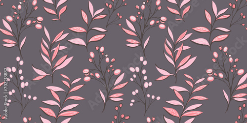 Seamless pattern with creative branches leaves, branches, berries. Vector hand drawn. Abstract stylized botanical stem floral and drops printing. Vector hand drawn. Design for fashion, fabric, textile
