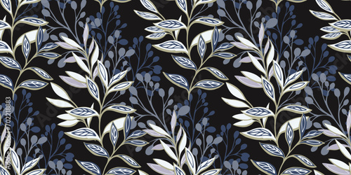 Abstract shape leaves branches, leaf branches seamless pattern. Vector hand drawn. Stylized floral stem background. Creative tropical botanical printing. Design for fashion, fabric, and textile.