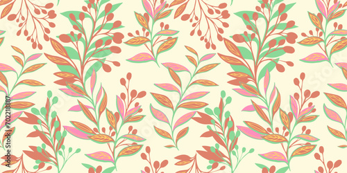 Colorful seamless pattern with abstract, creative, leaves, branches, stem. Vector hand drawn. Stylized tropical botanical print. Design for fashion, fabric