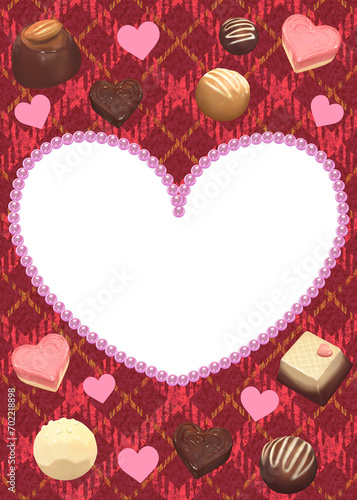 バレンタイン 背景素材 ハート型フレームとチョコ 飾り枠 おしゃれ ギフト 洋菓子 メッセージカード 見出し POP 縦長