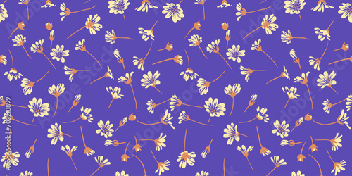 Vibrant summer simple floral pattern on a violet background. Vector hand drawn sketch. Creative tiny shape wild flowers seamless printing. Design for fashion, fabric, and textile.