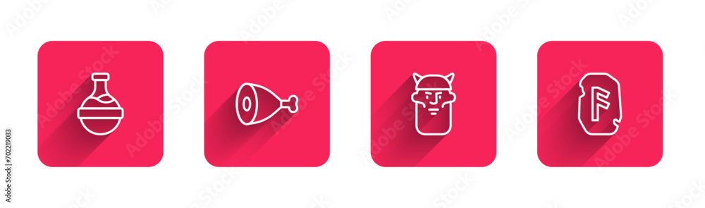 Set line Bottle with potion, Chicken leg, Viking head and Magic rune with long shadow. Red square button. Vector Set line Bottle with potion, Chicken leg, Viking head and Magic rune with long shadow. Red square button. Vector