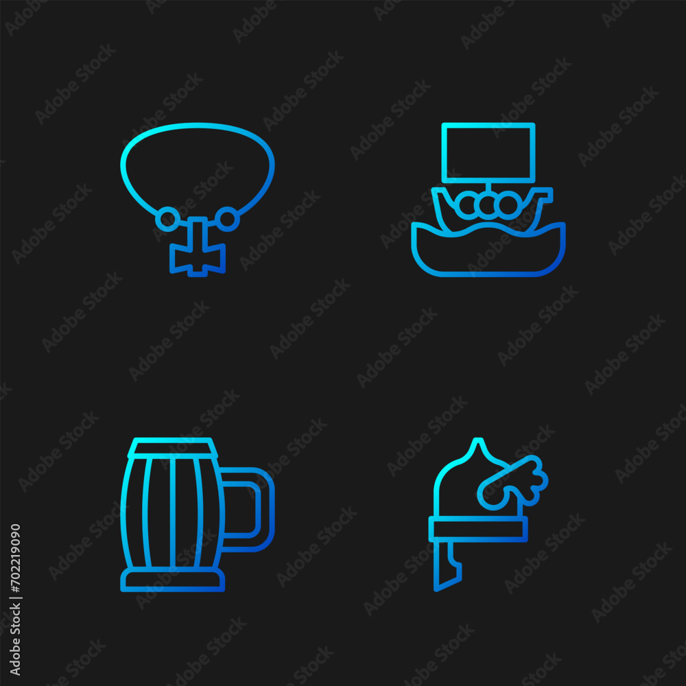 Set line Viking in horned helmet, Wooden beer mug, Necklace with gem and ship Drakkar. Gradient color icons. Vector Set line Viking in horned helmet, Wooden beer mug, Necklace with gem and ship Drakkar. Gradient color icons. Vector
