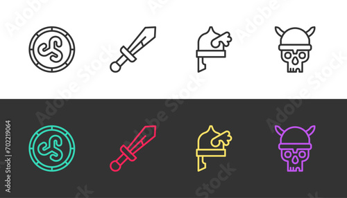 Set line Shield viking, Medieval sword, Viking horned helmet and Skull with on black and white. Vector