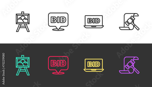 Set line Auction painting, Bid, Online auction and hammer on black and white. Vector