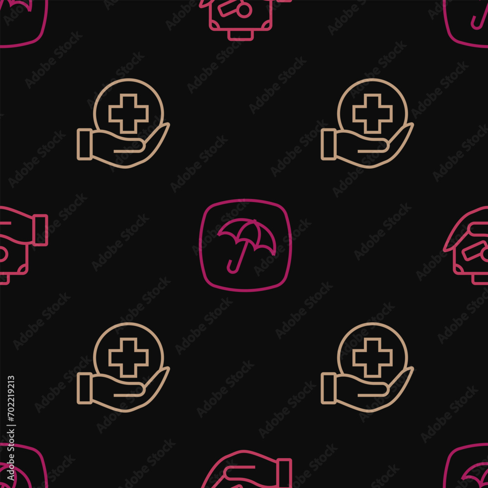 Set line Travel suitcase in hand, Life insurance and Umbrella on seamless pattern. Vector Set line Travel suitcase in hand, Life insurance and Umbrella on seamless pattern. Vector