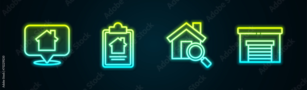 Set line Location with house, House contract, Search and Garage. Glowing neon icon. Vector Set line Location with house, House contract, Search and Garage. Glowing neon icon. Vector