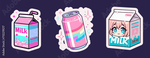 Set of anime style drink stickers on a dark background. Soda can and milk cartoon in cute cartoon style.