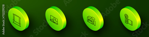 Set Isometric line Empty photo studio, Photo retouching, Cinema camera and  icon. Vector