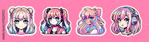 Set of anime stickers with female different personages.